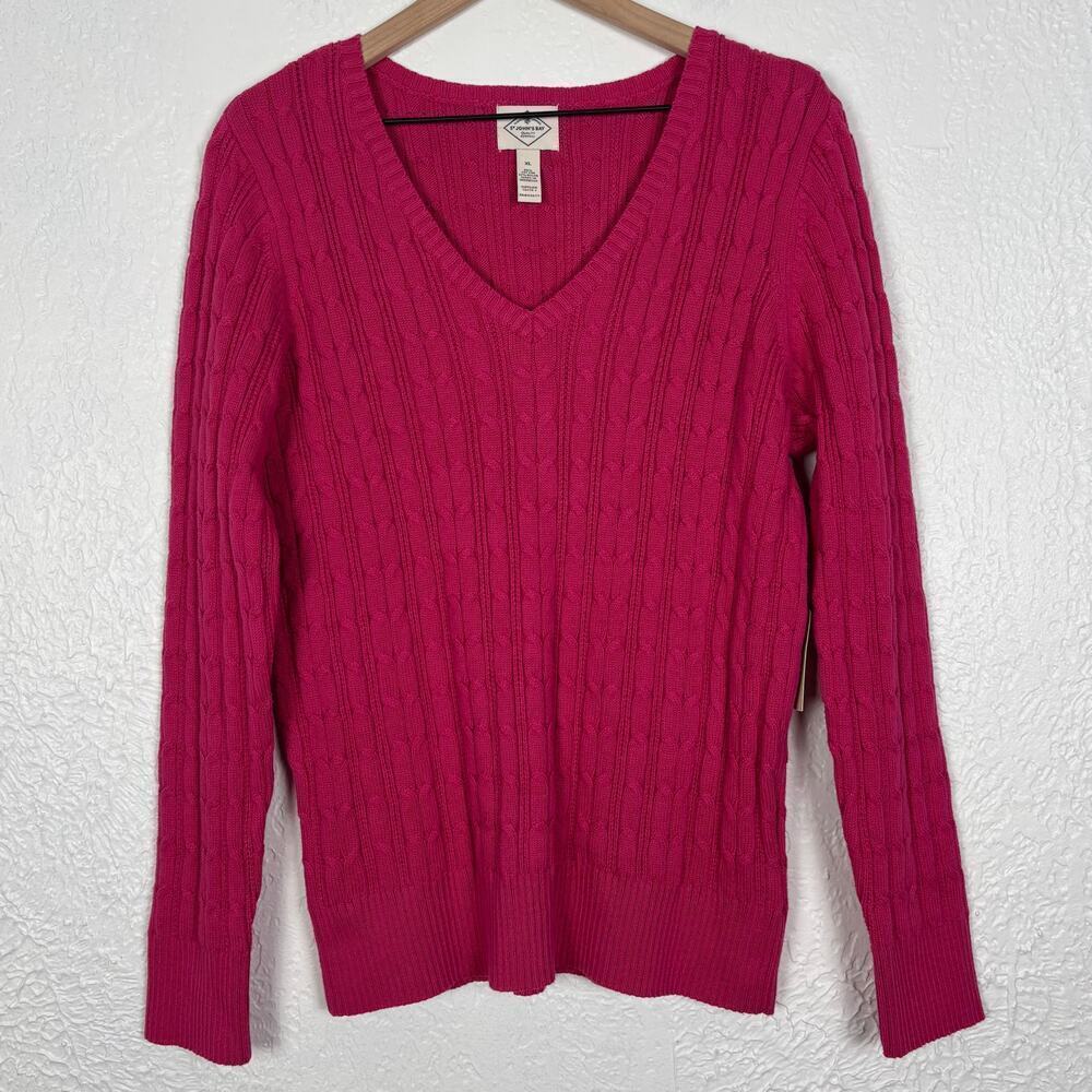 St. John's Bay Pink Long Sleeve V-Neck Cable Knit Sweater NWT Size XL